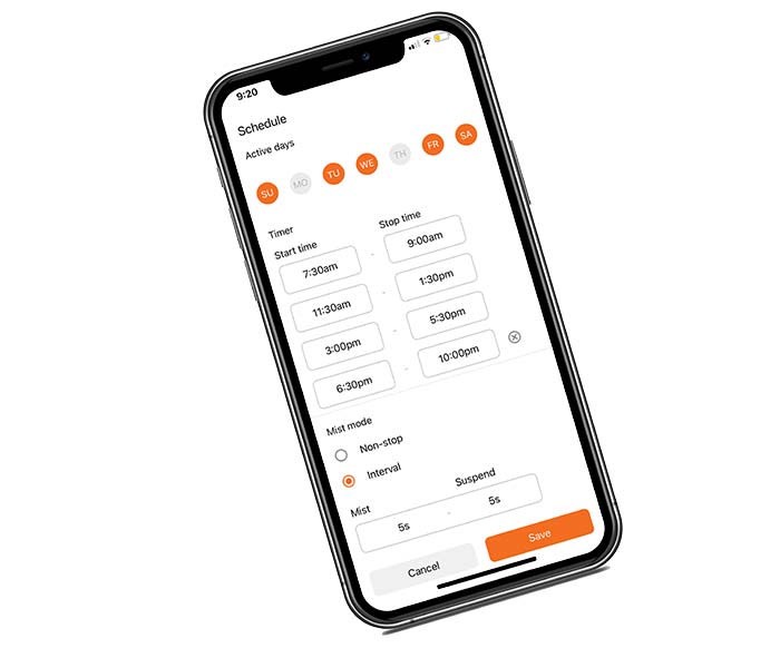 aerMist app edit misting schedule screen. Control aerMist 150A high pressure misting system at your fingertips on iOS and Android.